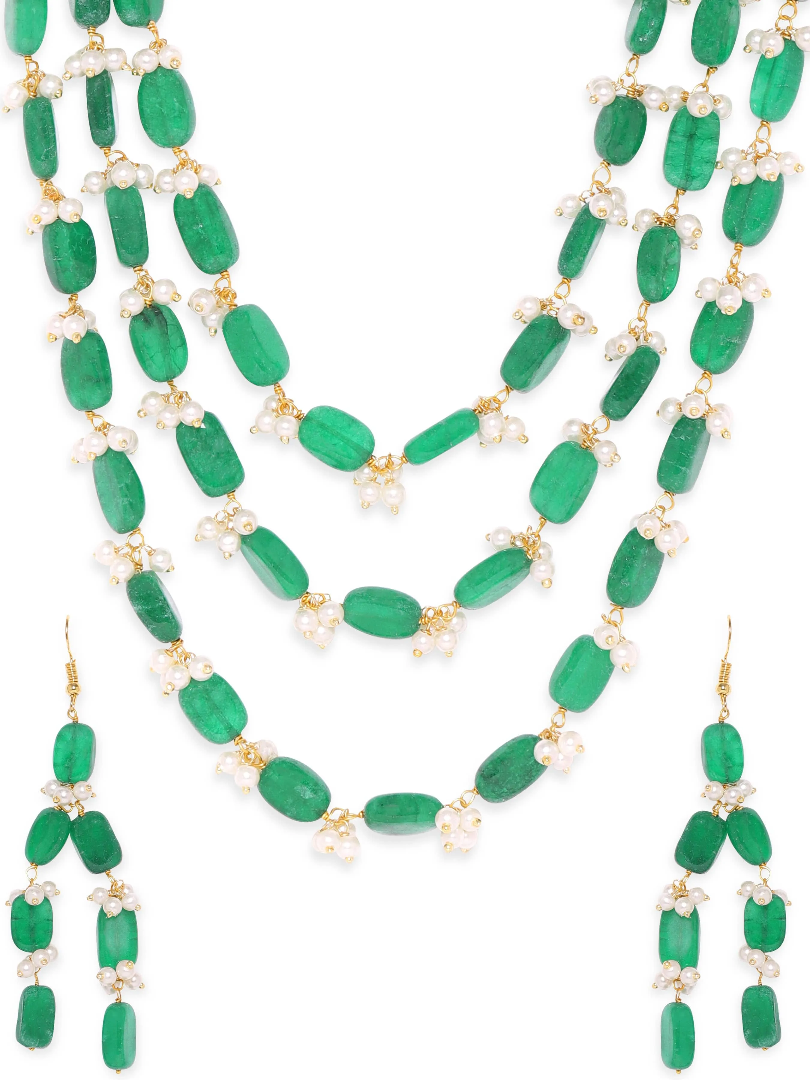 Rubans 22K Gold Plated Semi Precious Green Aventurine Gem Beaded Zirconia studded Tri Layer Statement Necklace Set