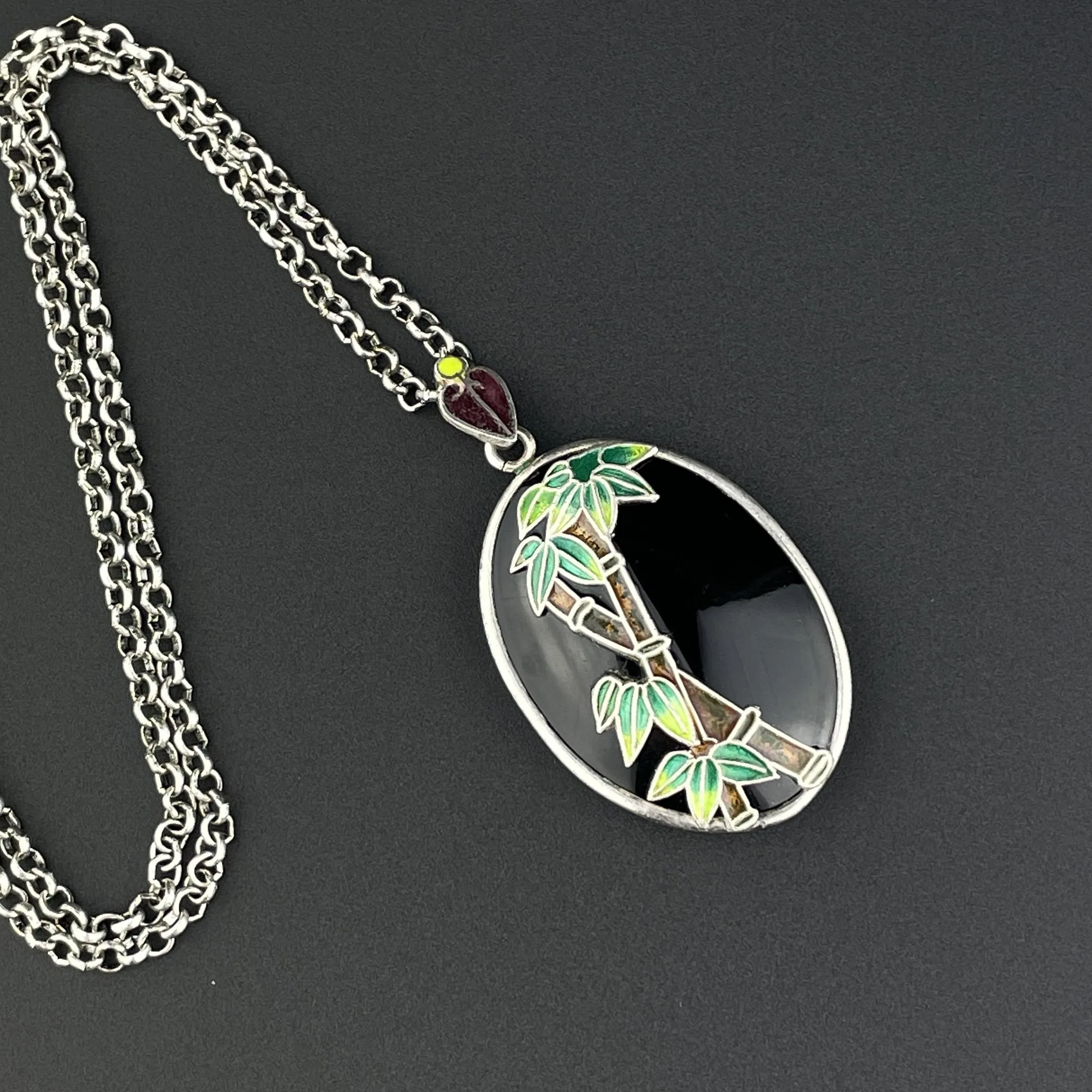 Silver Enamel Black Onyx Bamboo Pendant Necklace