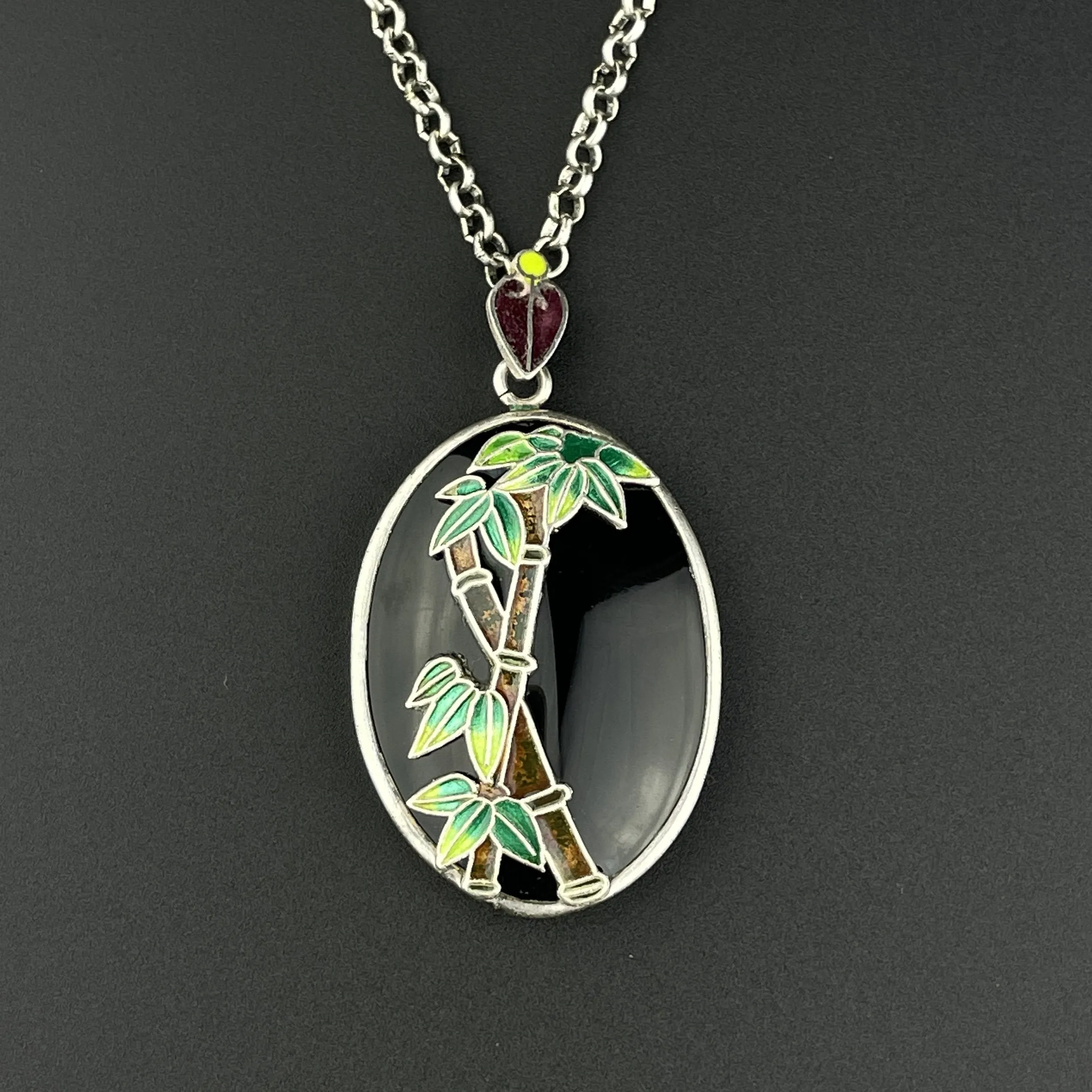 Silver Enamel Black Onyx Bamboo Pendant Necklace