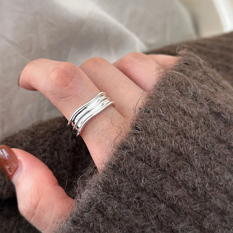 Silver Irregular Texture Plain Adjustable Ring