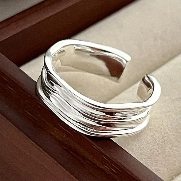 Silver Irregular Texture Plain Adjustable Ring