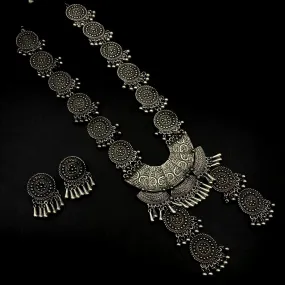 Silver look alike Oxidised German Silver Long haaram Necklace with Earrings!