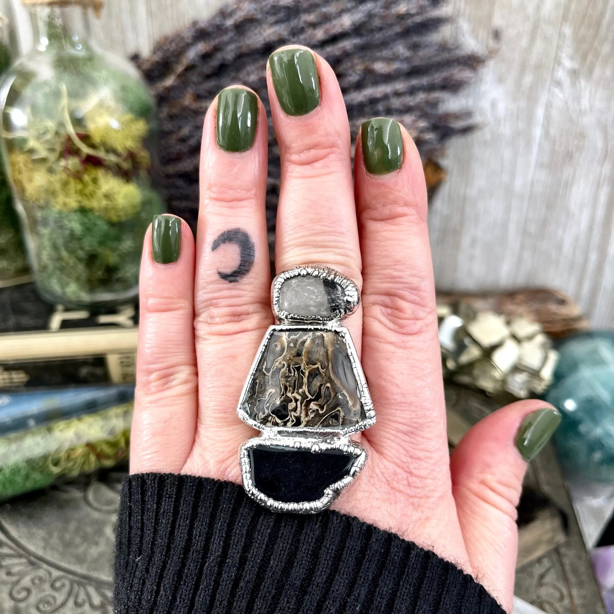 Size 10.5 Three Stone Ring- Palm Root Black Onyx Tourmaline Quartz Crystal Ring Fine Silver / Foxlark Collection - One of a Kind