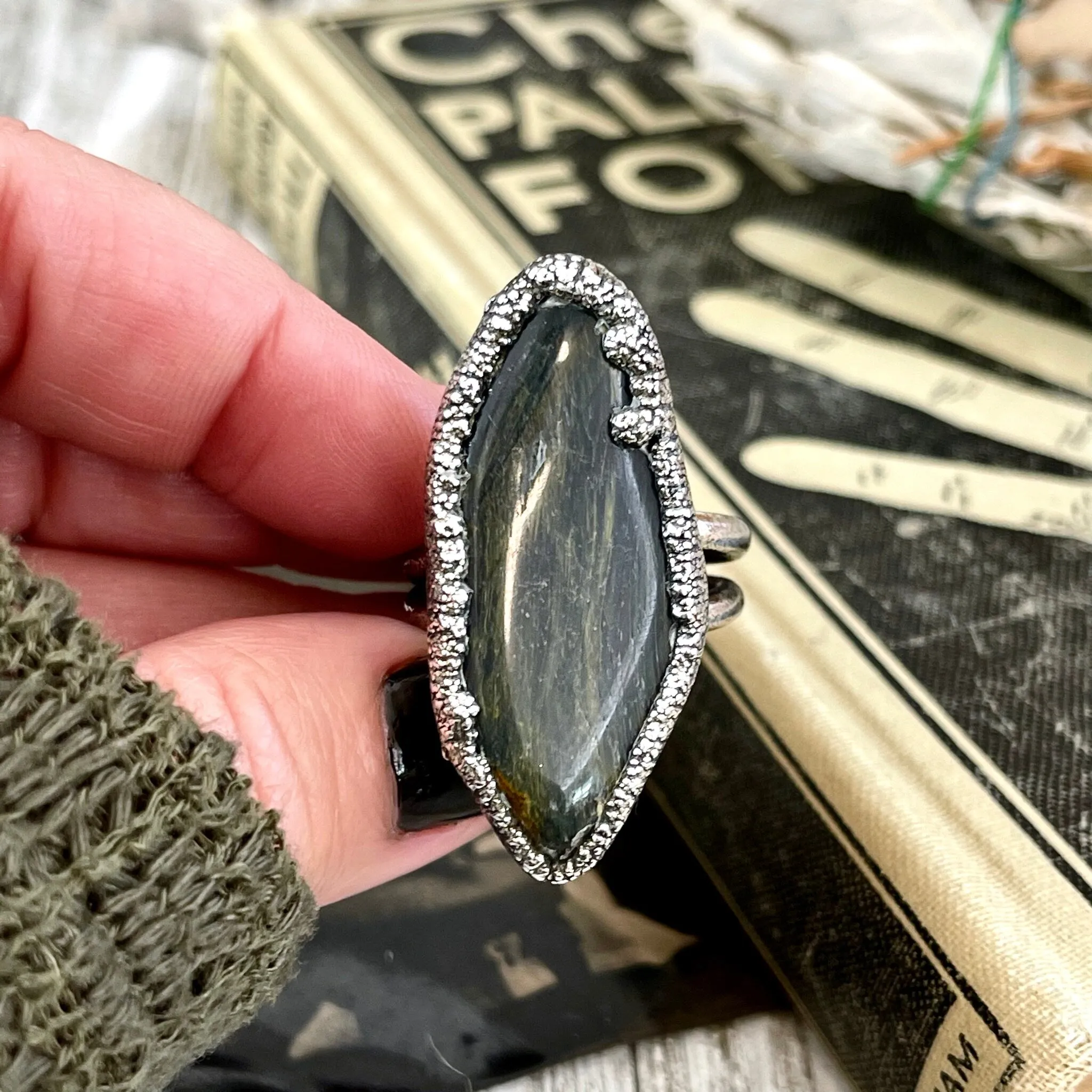 Size 11 Blue Tigers Eye Large Crystal Statement Ring in Fine Silver / Foxlark Collection - One of a Kind