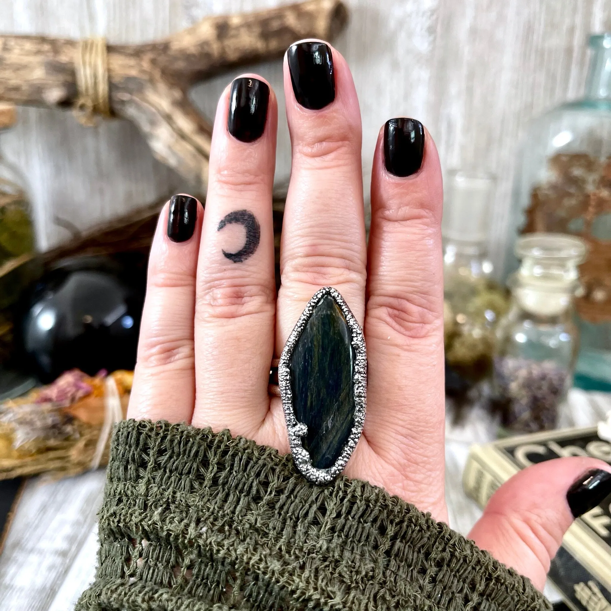 Size 11 Blue Tigers Eye Large Crystal Statement Ring in Fine Silver / Foxlark Collection - One of a Kind