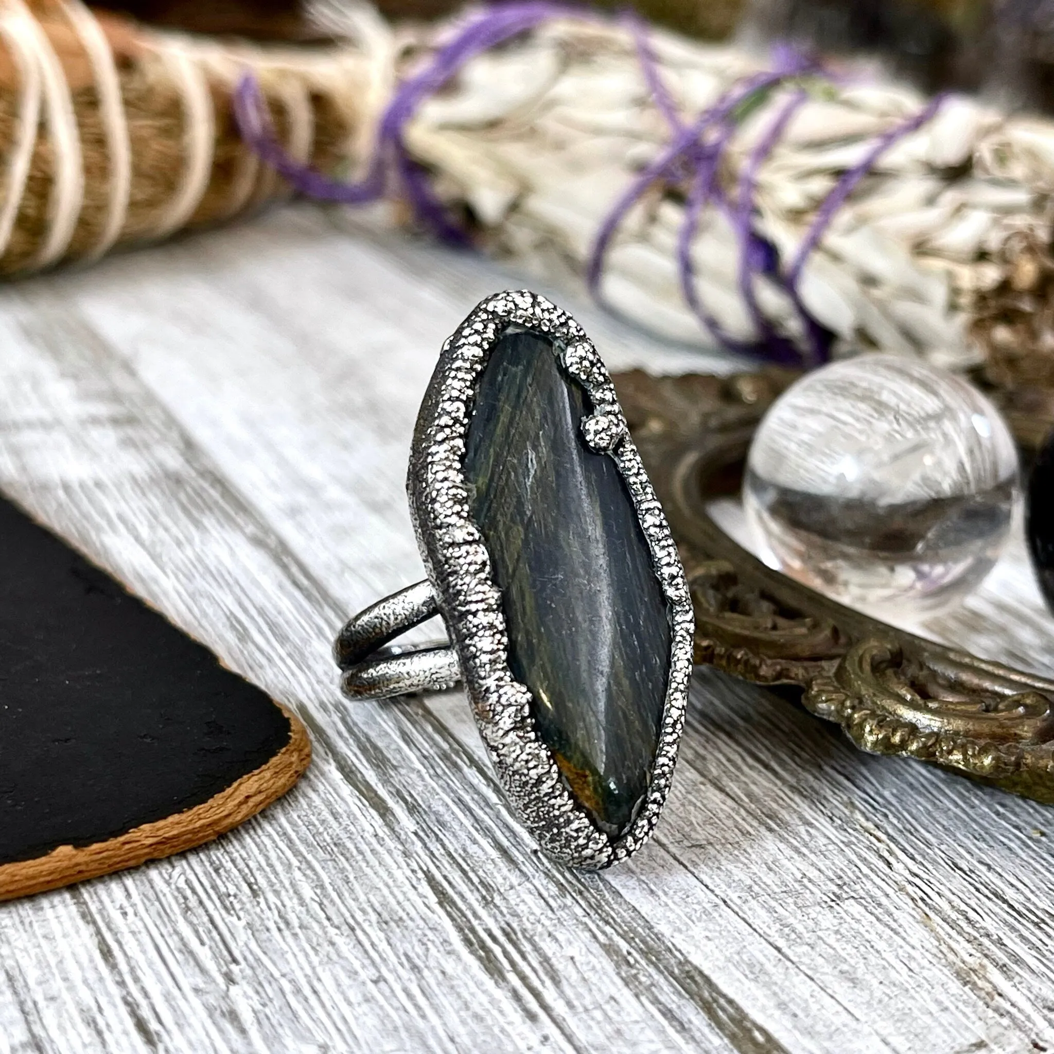 Size 11 Blue Tigers Eye Large Crystal Statement Ring in Fine Silver / Foxlark Collection - One of a Kind