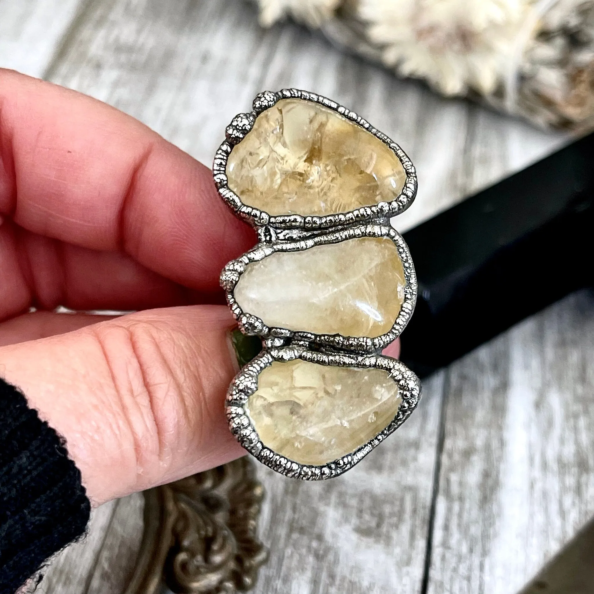 Size 7.5 Crystal Ring - Three Stone Yellow Citrine Ring in Silver / Foxlark Collection - One of a Kind