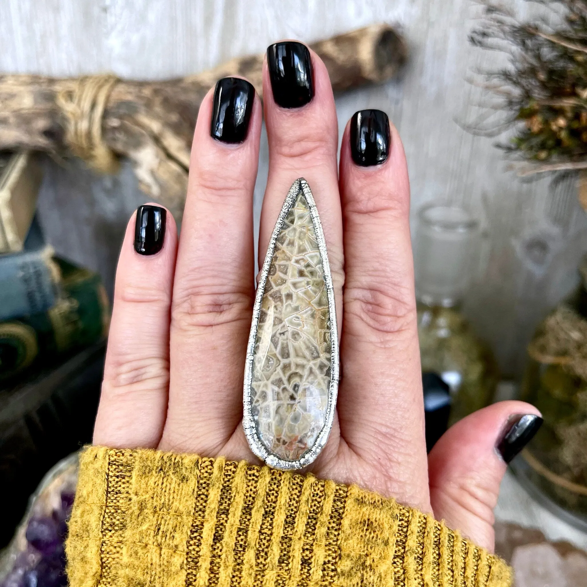 Size 8 Fossilized Coral Silver Statement Ring / Foxlark Collection - One of a Kind