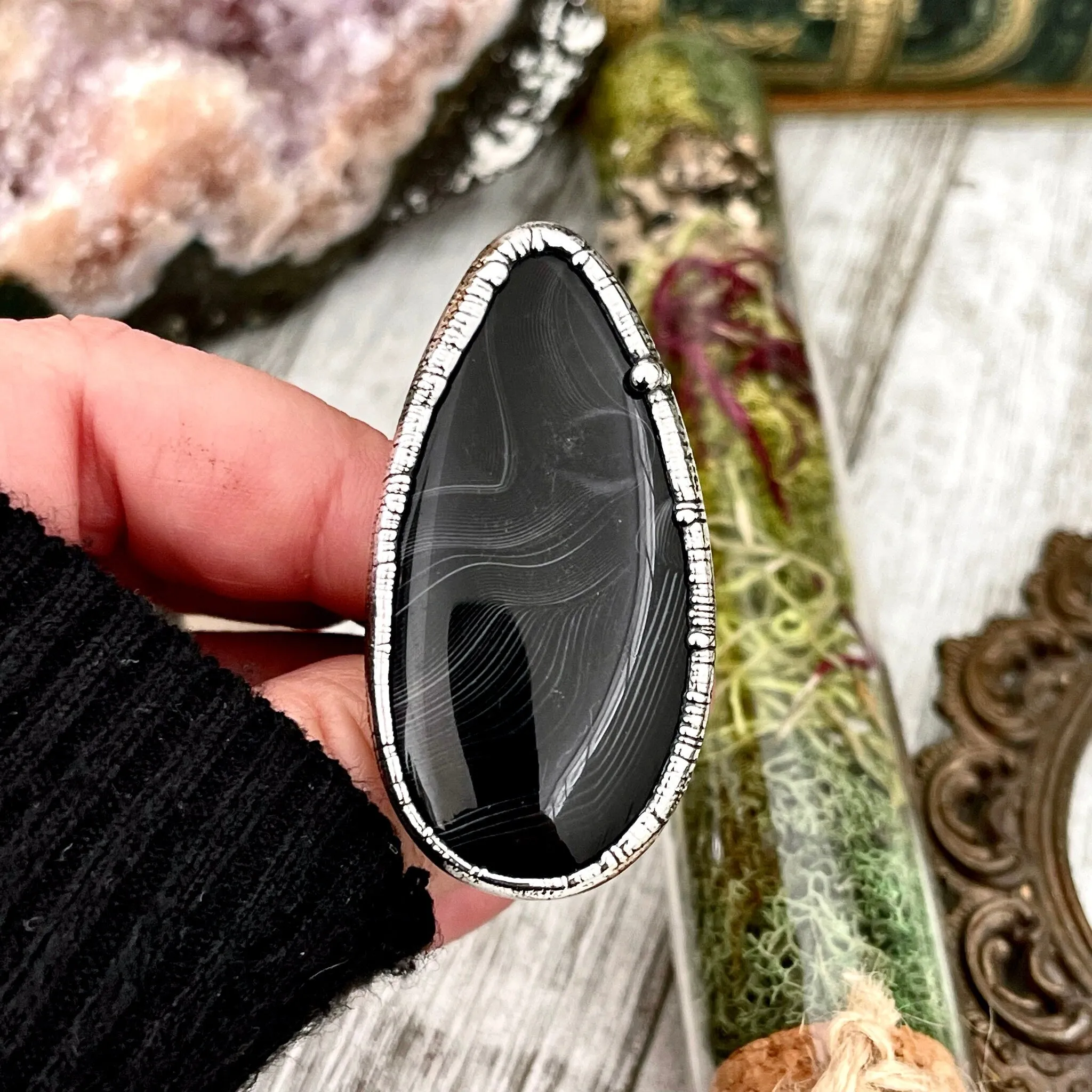 Size 8 Large Natural Black Banded Agate Ring in Fine Silver/ Foxlark Collection - One of a Kind