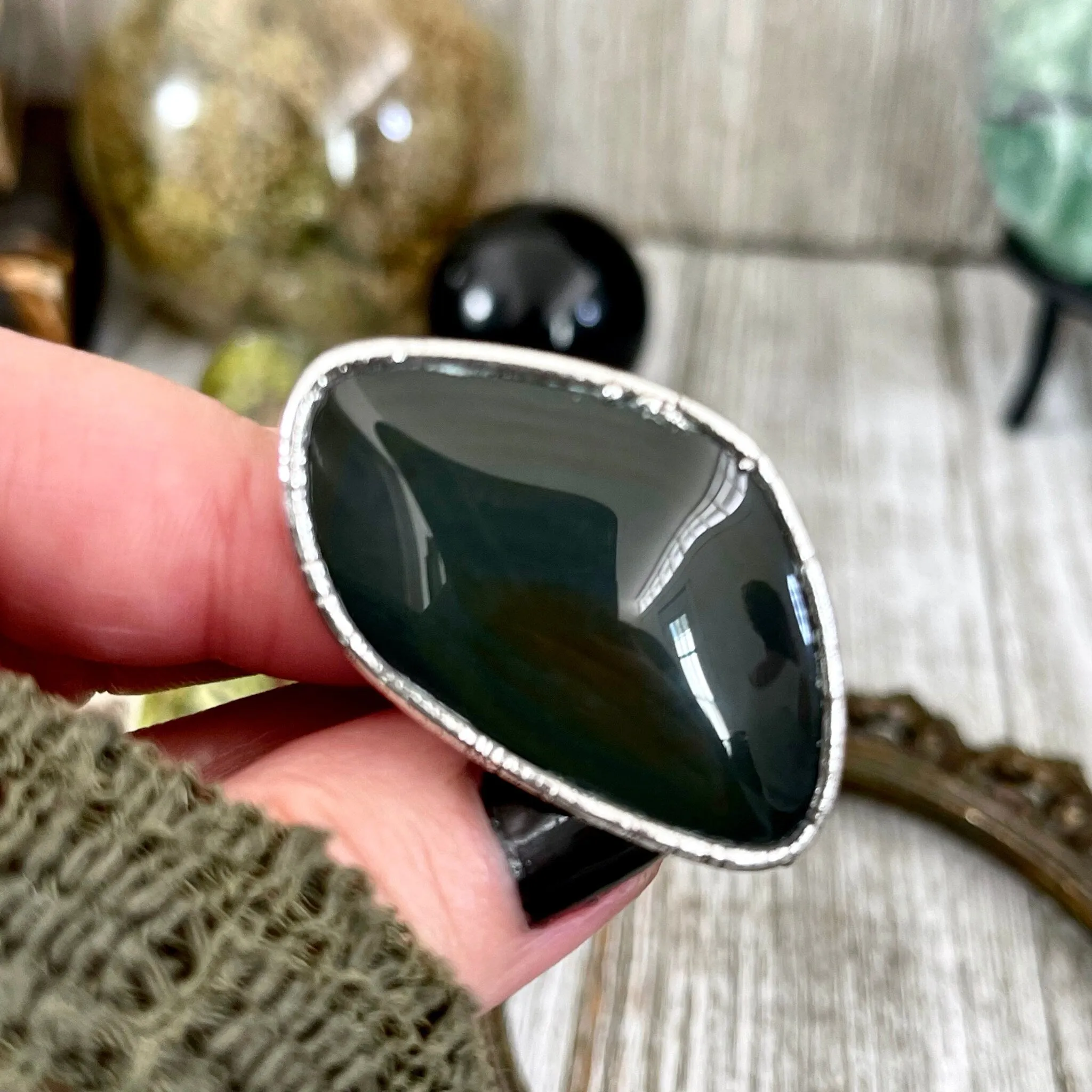 Size 8 Natural Grey - Rainbow Obsidian Ring in Fine Silver / Foxlark Collection - One of a Kind