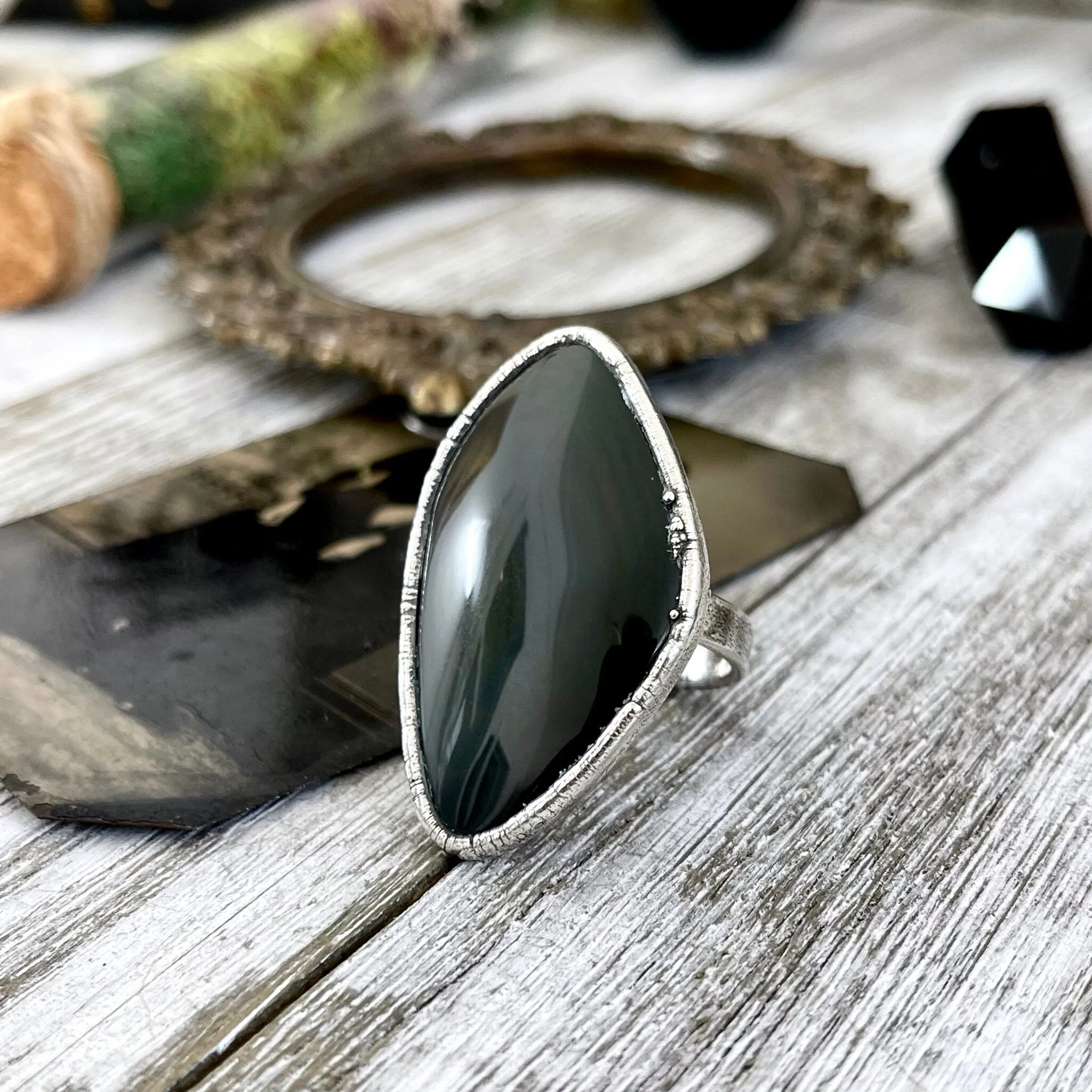 Size 8 Natural Grey - Rainbow Obsidian Ring in Fine Silver / Foxlark Collection - One of a Kind