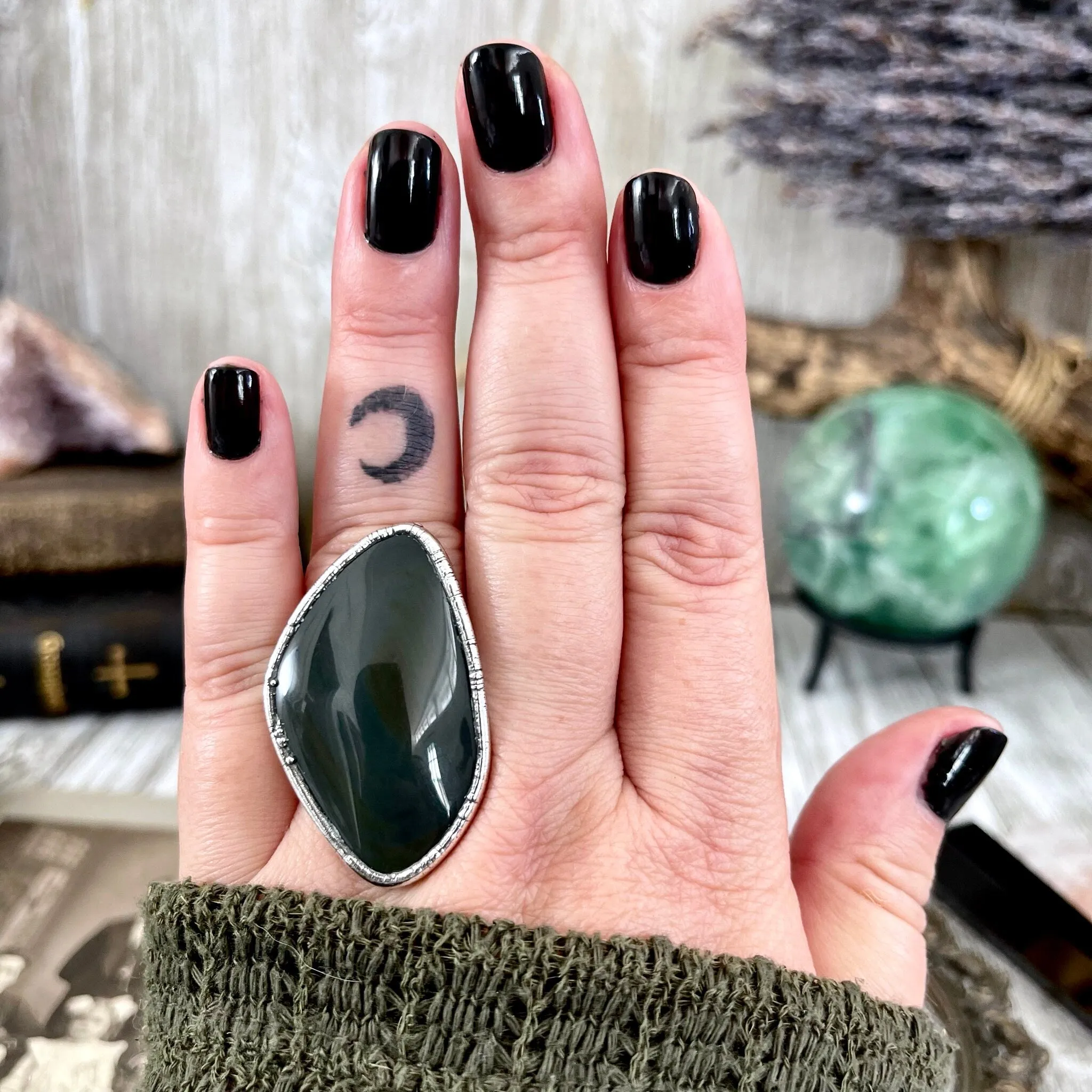 Size 8 Natural Grey - Rainbow Obsidian Ring in Fine Silver / Foxlark Collection - One of a Kind