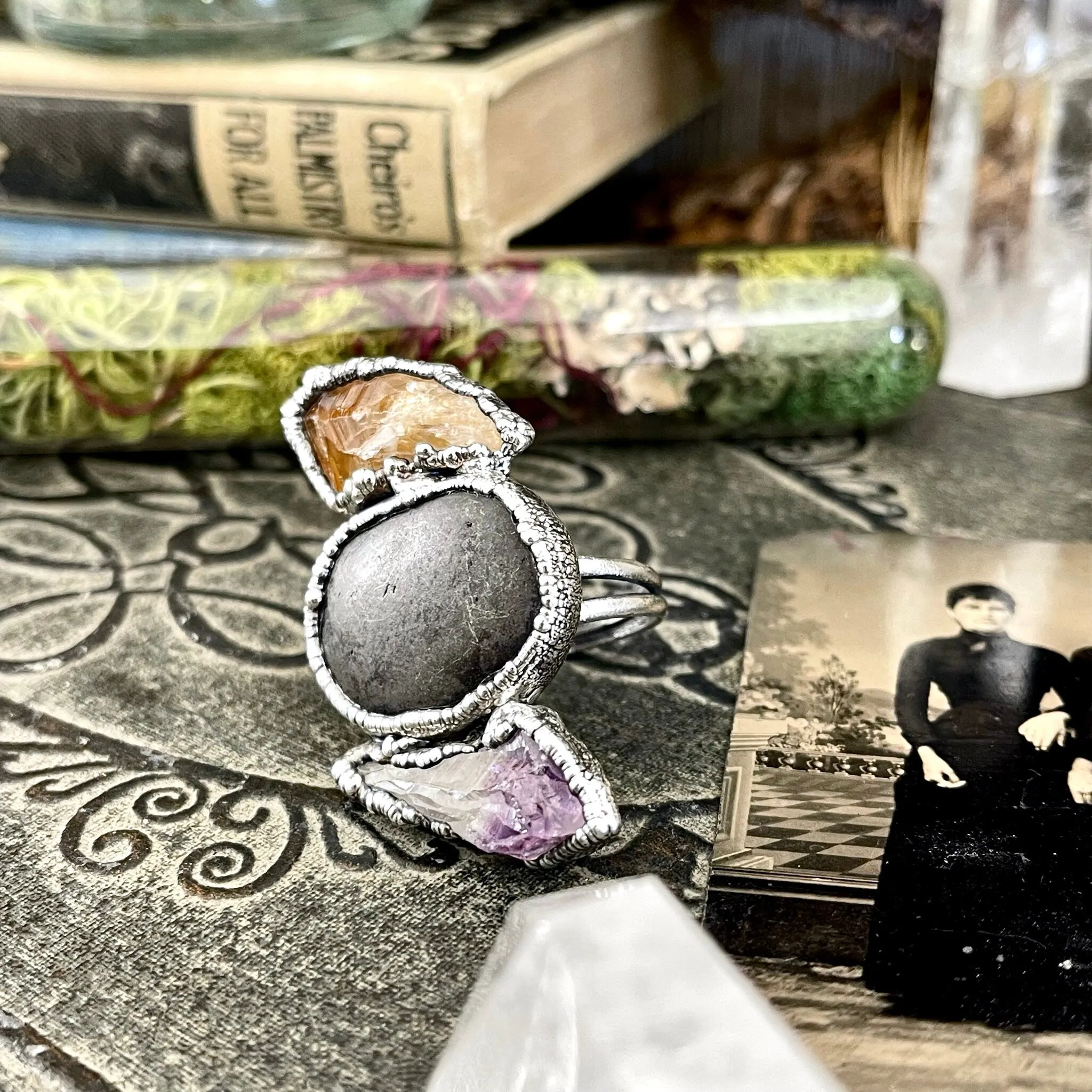 Size 9.5 Three Stone Ring- Citrine Amethyst River Rock Crystal Ring Fine Silver / Foxlark Collection - One of a Kind