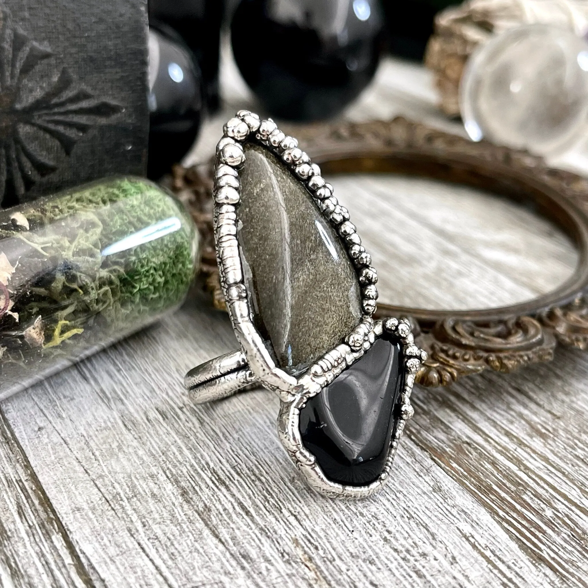 Size 9.5 Two Stone Ring- Golden Sheen Black Onyx Crystal Ring Fine Silver / Foxlark Collection - One of a Kind