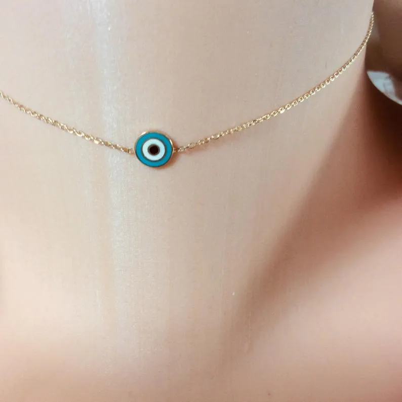 Solid Gold 18K Dainty Minimalist Evil Eye Enamel Pendant Collar Necklace 12 3/4Inches