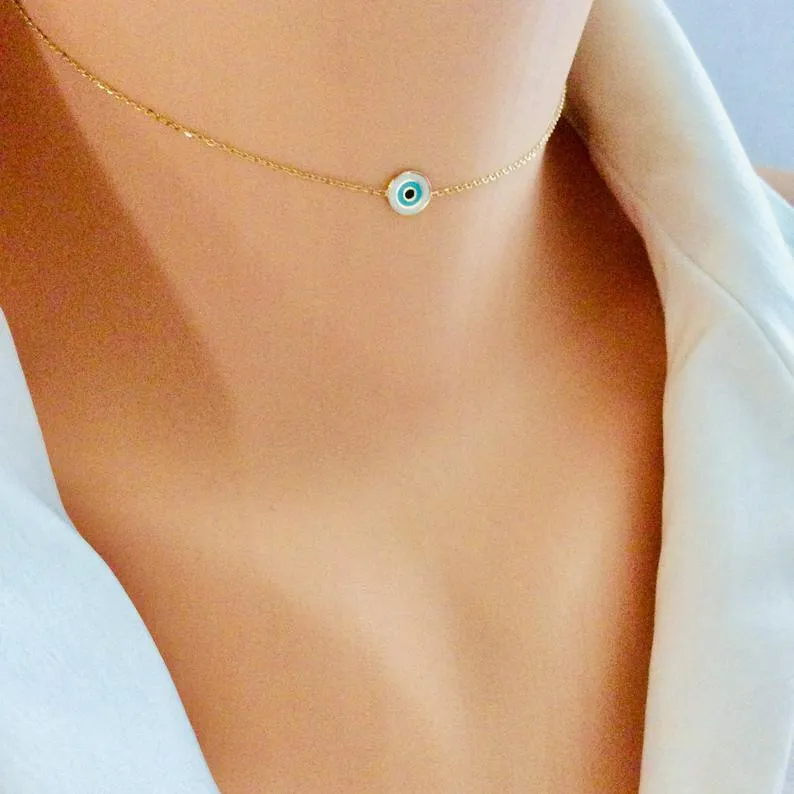 Solid Gold 18K Dainty Minimalist Evil Eye Enamel Pendant Collar Necklace 12 3/4Inches