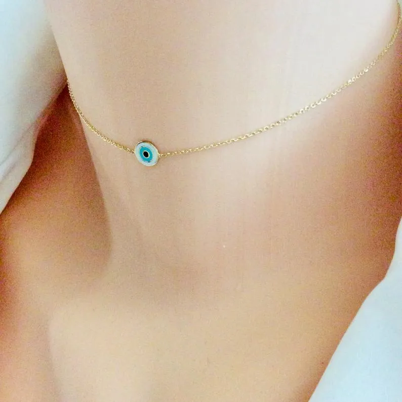 Solid Gold 18K Dainty Minimalist Evil Eye Enamel Pendant Collar Necklace 12 3/4Inches