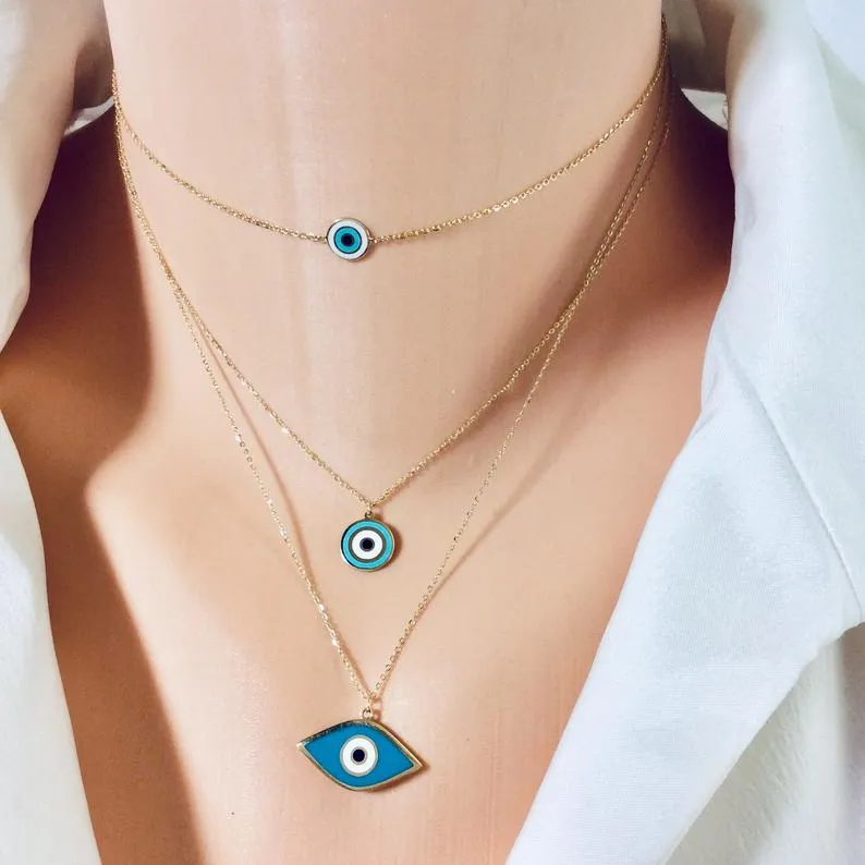 Solid Gold 18K Dainty Minimalist Evil Eye Enamel Pendant Collar Necklace 12 3/4Inches