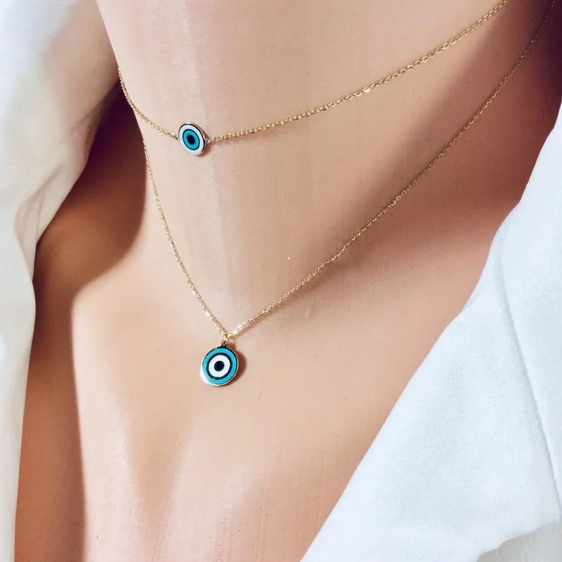 Solid Gold 18K Dainty Minimalist Evil Eye Enamel Pendant Collar Necklace 12 3/4Inches