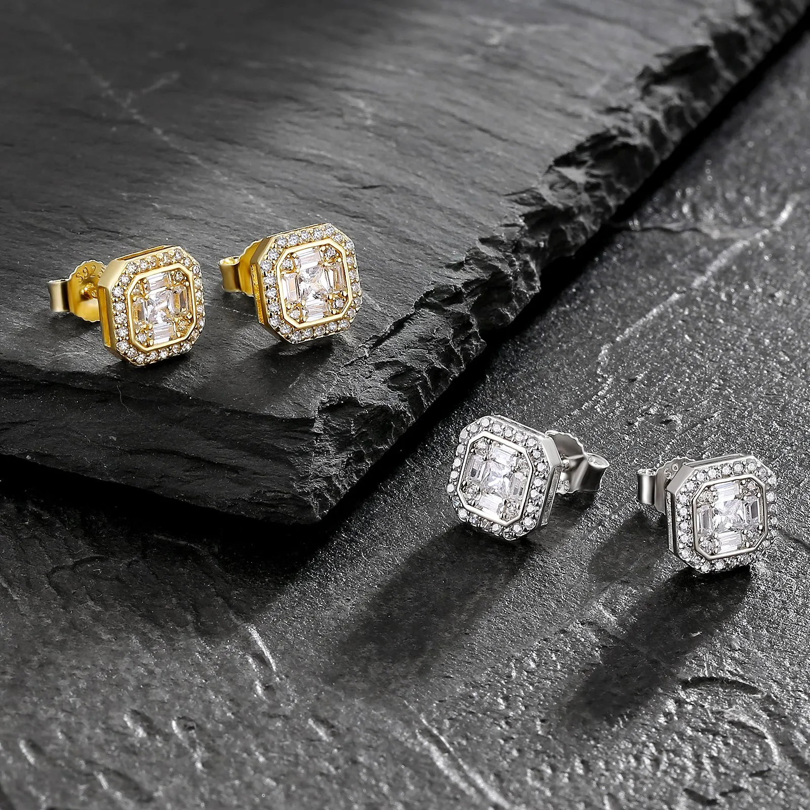 Square Full Iced CZ Stud Earrings for Men