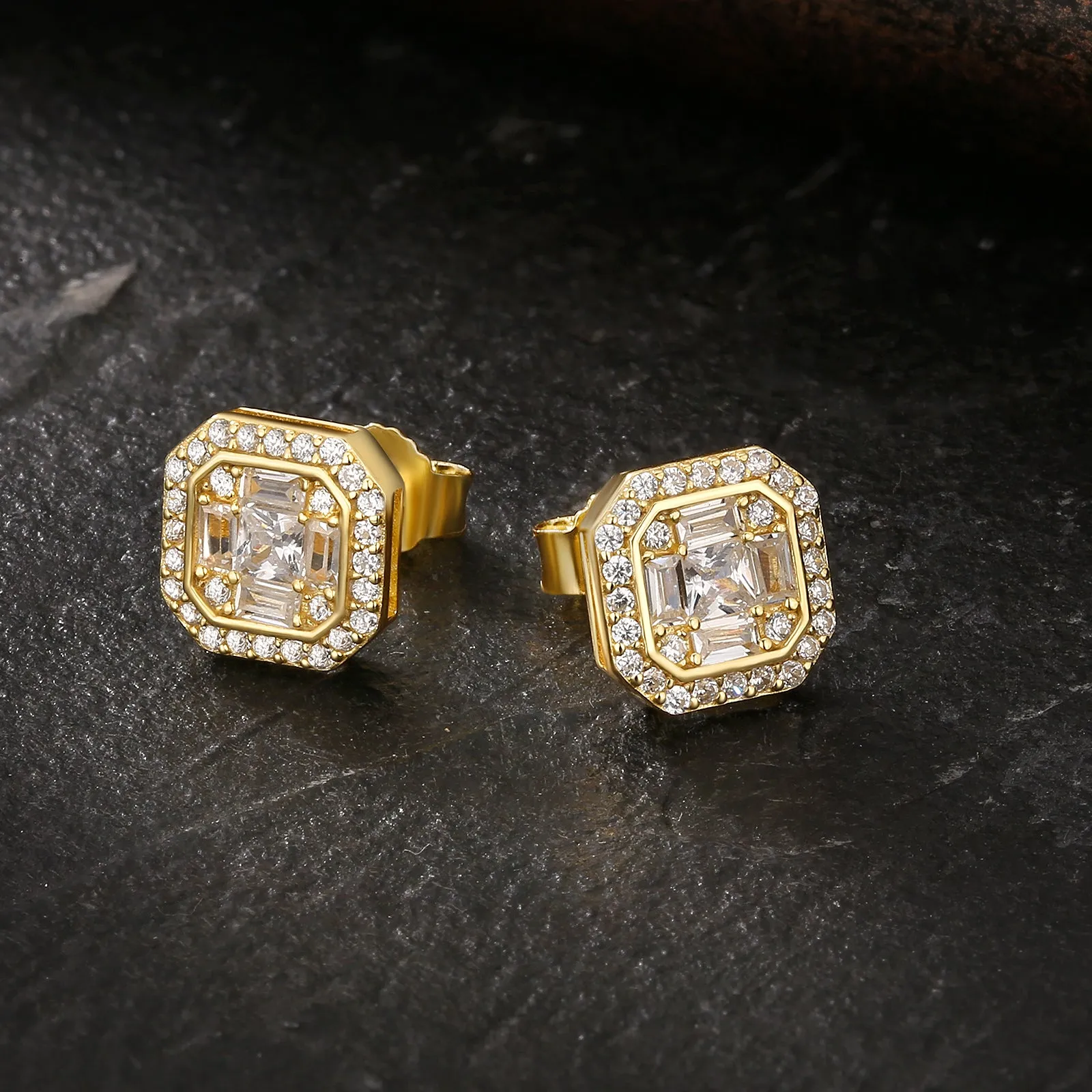 Square Full Iced CZ Stud Earrings for Men