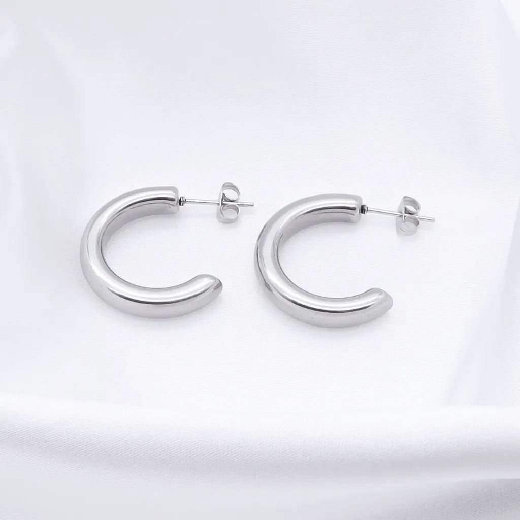 Stainless Steel Thick Tube Hoop Earrings - Silver