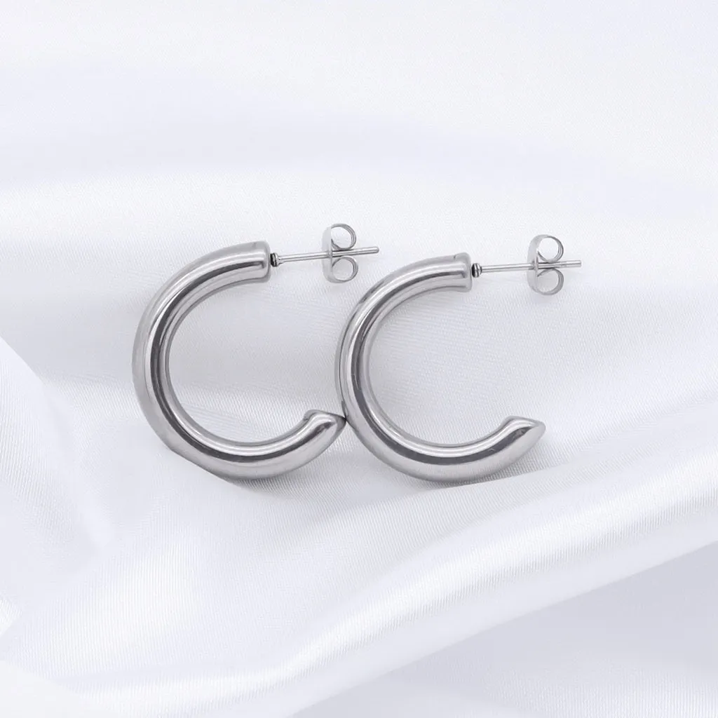 Stainless Steel Thick Tube Hoop Earrings - Silver