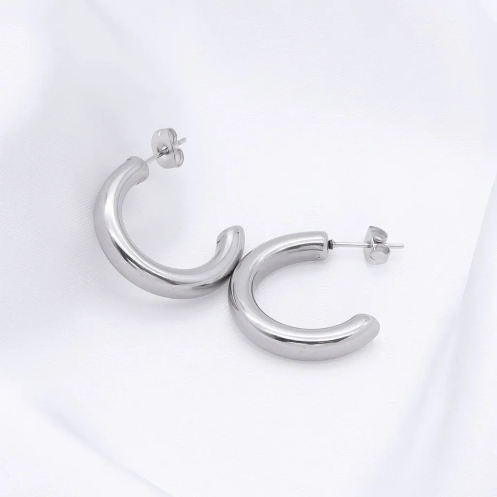 Stainless Steel Thick Tube Hoop Earrings - Silver