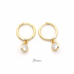 Sterling Silver Huggie Hoop Earrings with Dangle Round CZ - Gold