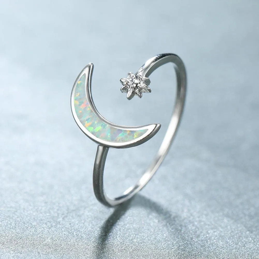 Sterling Silver Opal Crescent Moon and Star Ring Adjustable Moon Ring