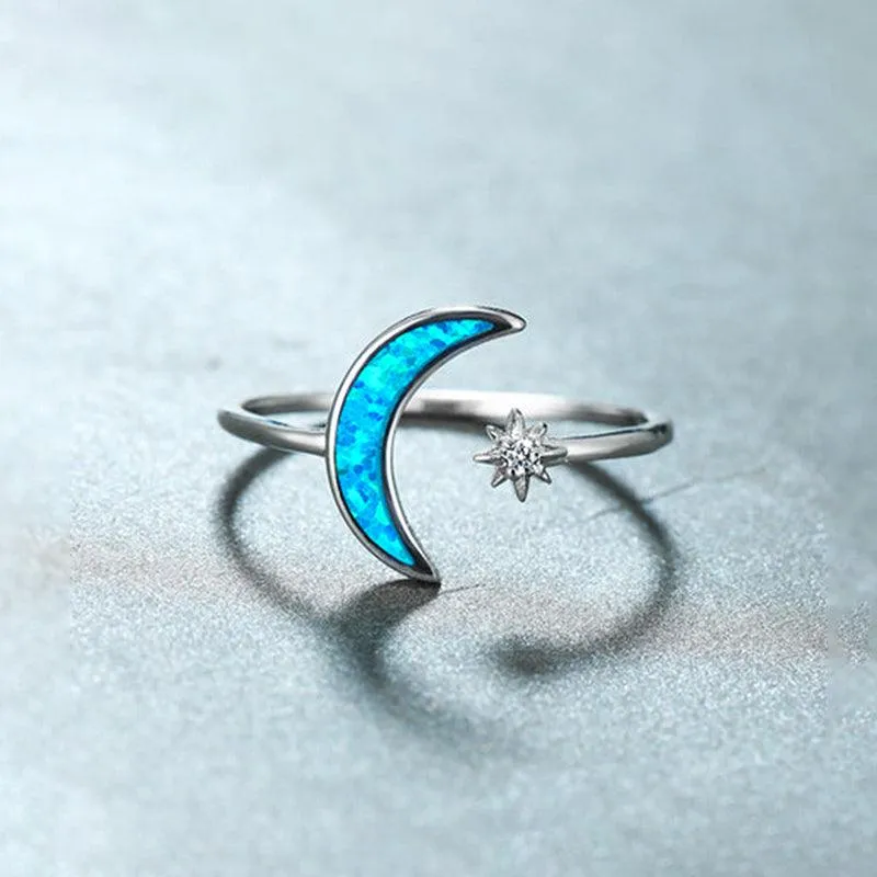 Sterling Silver Opal Crescent Moon and Star Ring Adjustable Moon Ring