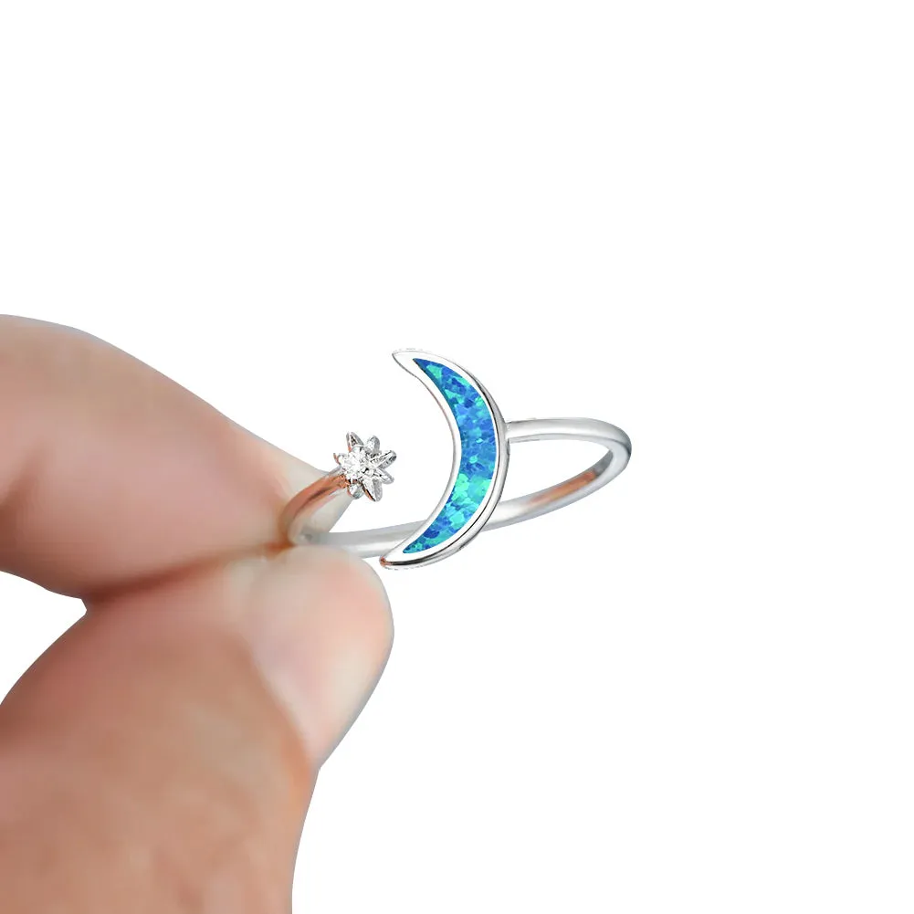 Sterling Silver Opal Crescent Moon and Star Ring Adjustable Moon Ring