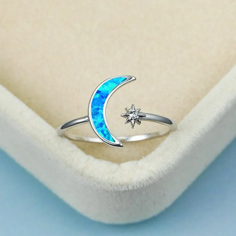 Sterling Silver Opal Crescent Moon and Star Ring Adjustable Moon Ring