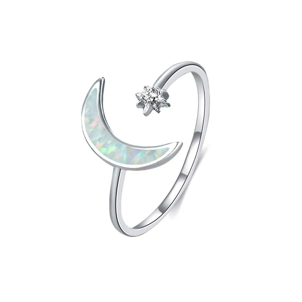 Sterling Silver Opal Crescent Moon and Star Ring Adjustable Moon Ring