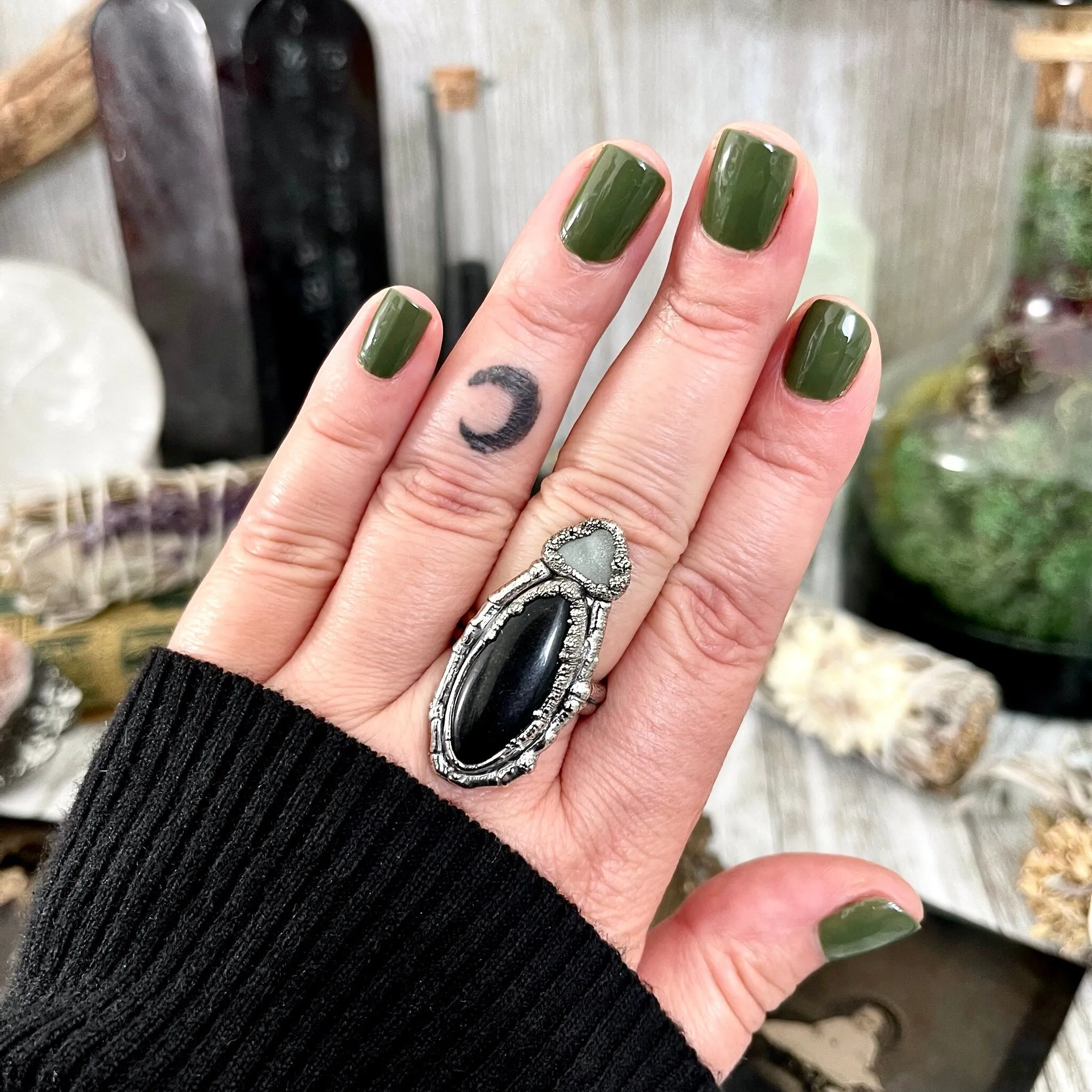 Sticks and Stones Collection- Size 8.5 Black Onyx Green Sea & Glass Statement Ring in Fine Silver // Punk Ring Goth Witchy Gemstone Jewelry