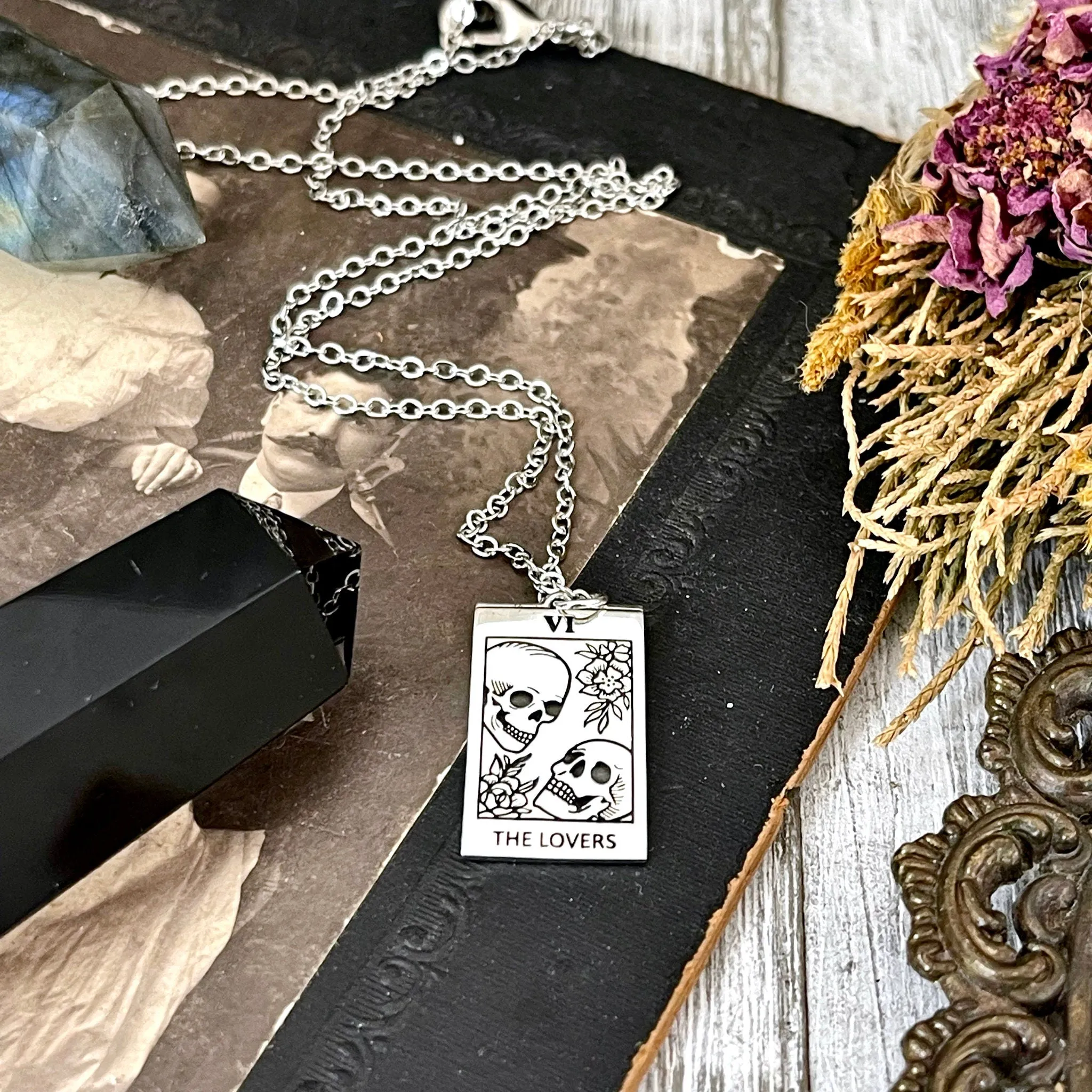 Tiny Talisman Collection - Sterling Silver Tarot Cart The Lovers Skull Necklace Charm 24x15mm / Curated  Collection