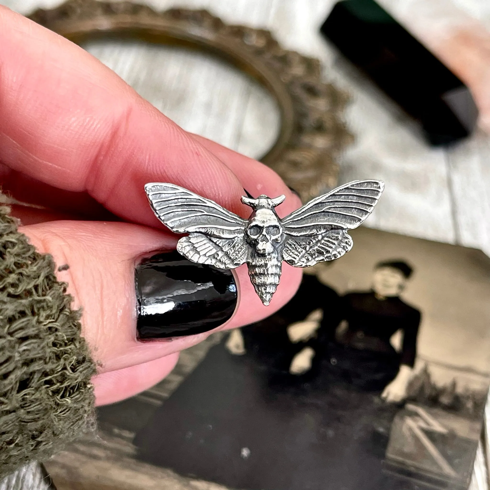 Tiny Talismans Collection- Death's Head Moth Ring in Sterling Silver Size 7 8 9 / Curated Collection