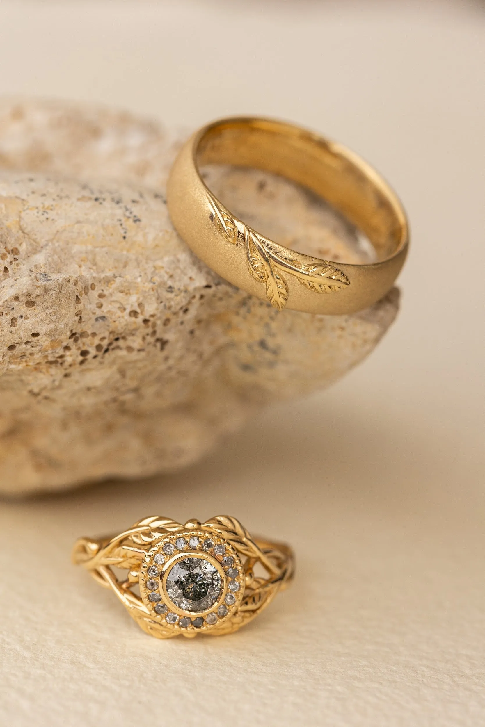 Wedding rings set for couple: satin wedding band for him, Tilia ring with natural salt and pepper diamonds for her