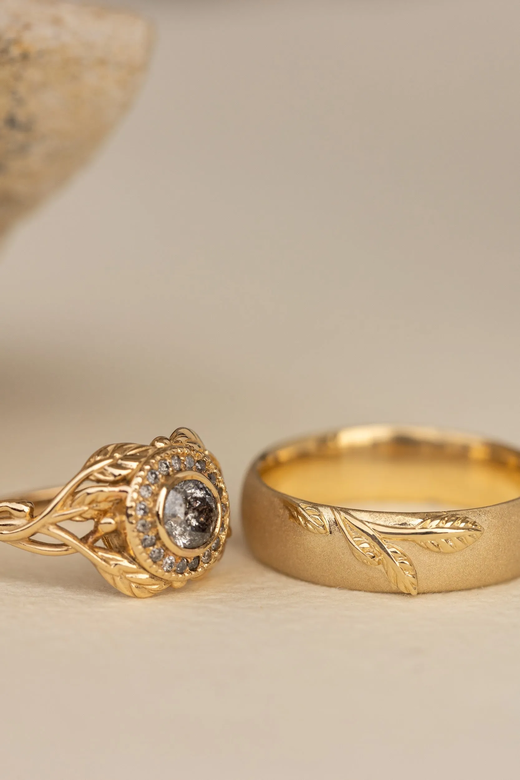 Wedding rings set for couple: satin wedding band for him, Tilia ring with natural salt and pepper diamonds for her