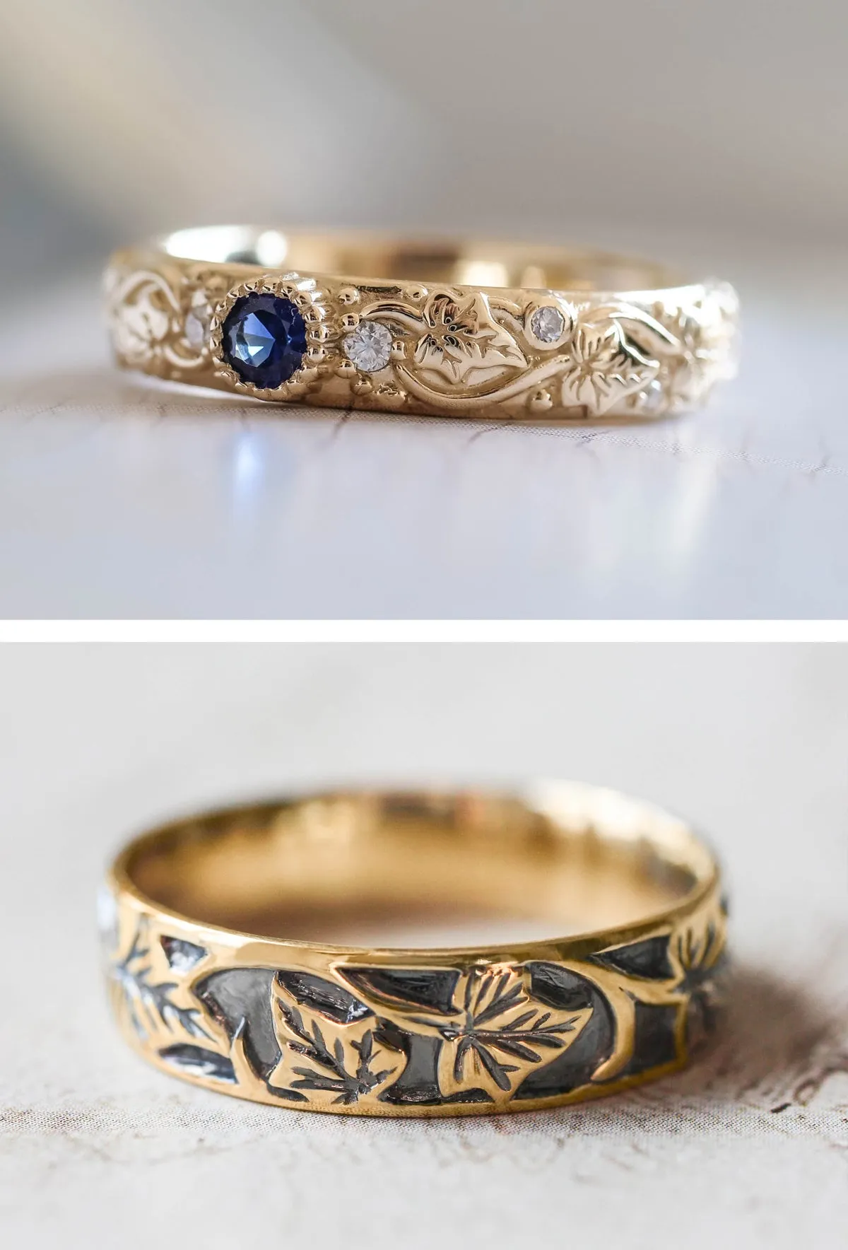 Wedding rings set for couples: black and gold ivy leaves band for him, ivy leaves band with sapphire and diamonds for her