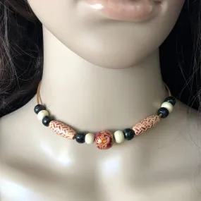 Wood Black, Beige, and Magenta Beaded Choker