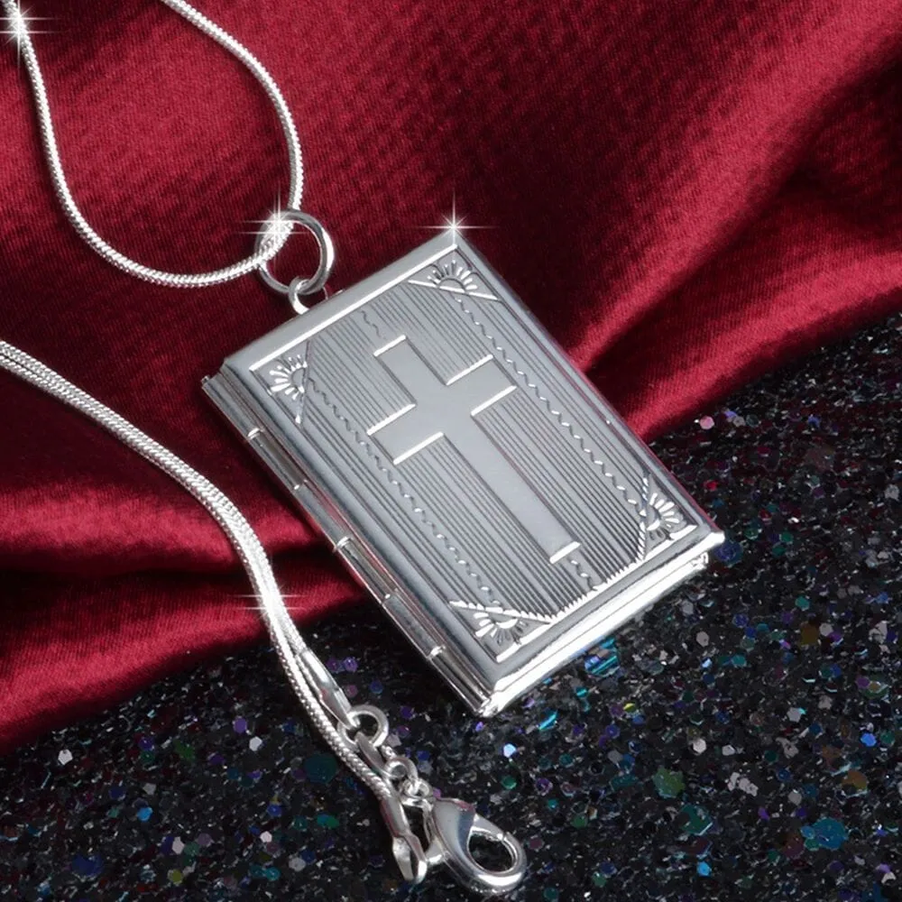 WWJD Cross Bible Memory Locket Can Open Necklace