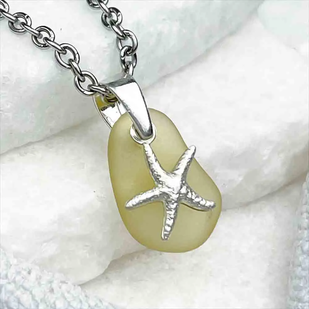 Yellow Sea Glass Pendant with Sterling Silver Starfish Charm | 5253