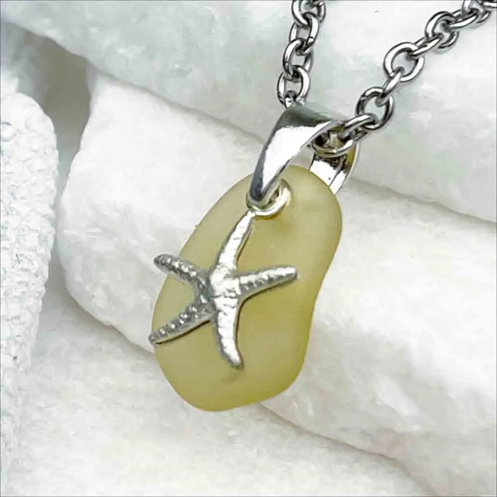 Yellow Sea Glass Pendant with Sterling Silver Starfish Charm | 5253